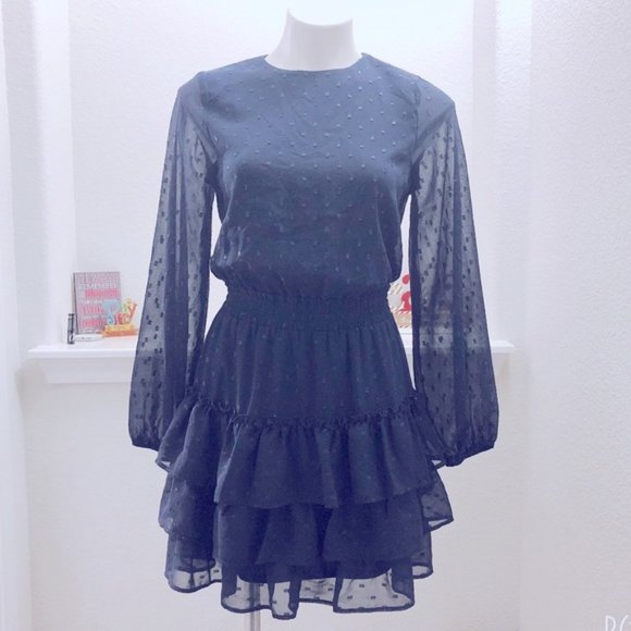 Express Clip Dot Dress Smocked Tiered Long Sleeves Mock Neck Size XS New w/Tag - Picture 5 of 11